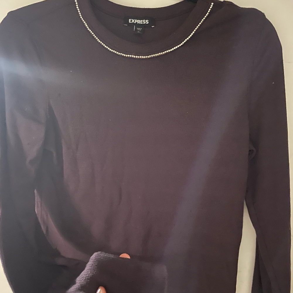 Express Women's Dark Purple Blouse with Beaded Neckline